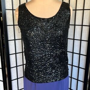 Diana Black Sequin Top with 3 Rows of Beaded Tassels, Back Zip M